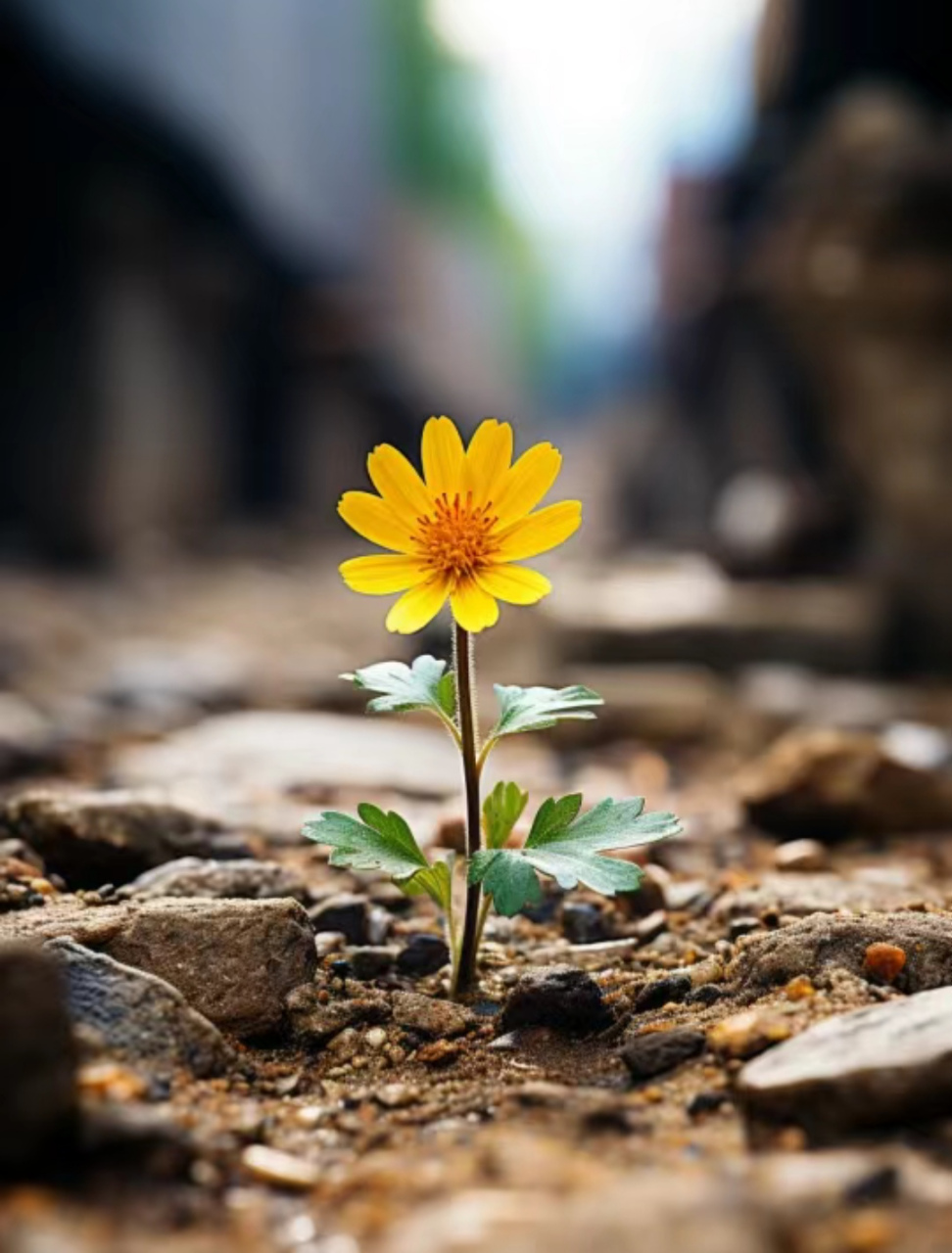 "在岩石与泥土中,那一朵小黄花挣扎着生命的力量,倔强地破土而出,穿过