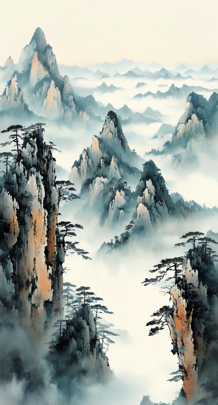 在环绕山峰的宏大场景中,结合中国水墨画风格与东方美学,展现流畅动作