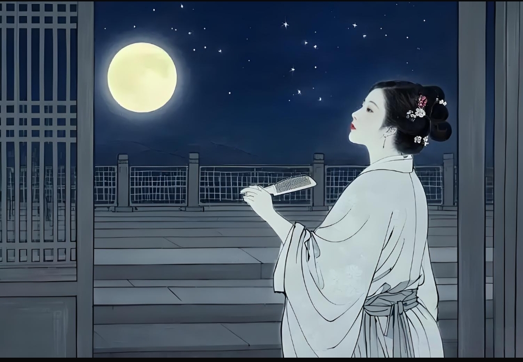 难缀天阶夜色凉如水卧看牵牛织女星古风美女剪影凭栏望月 图片宫女 却