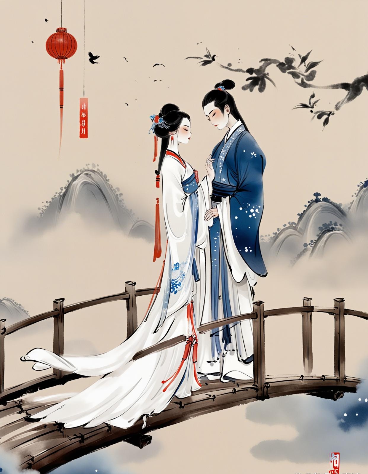 28  星恨飞传,鹊桥相会,天涯归路.两瓣心香,九重逸梦,隔岸遥河苦