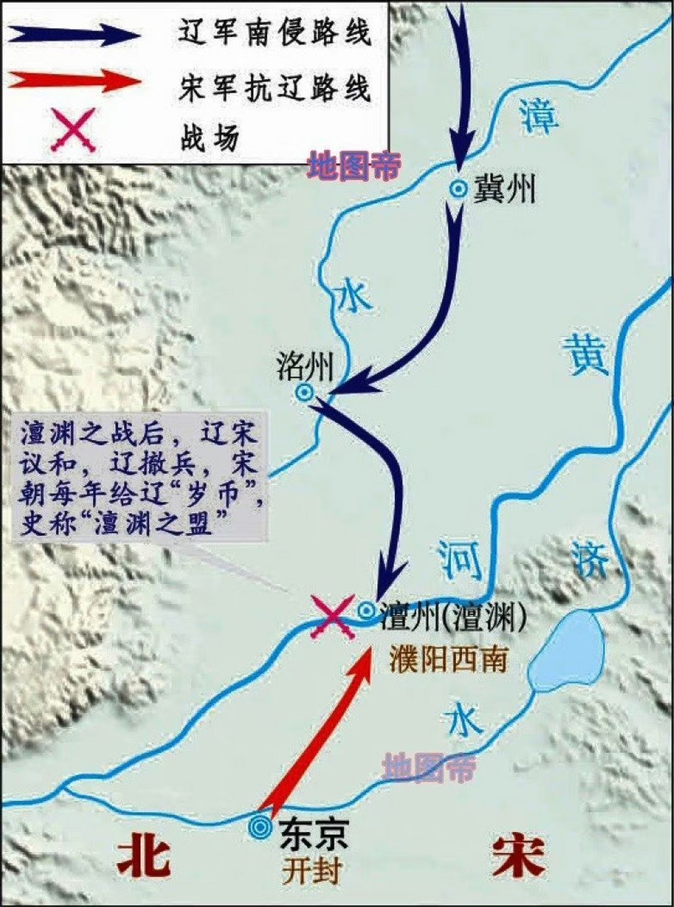 澶渊之盟示意图 景德元年十二月(1005年1月),在主和派的策划下,北宋