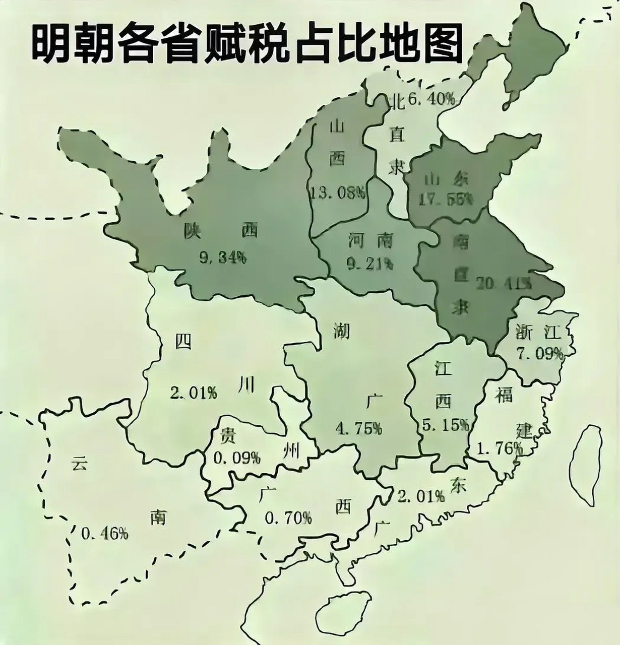 明朝各省税负占比地图,老朱家对自己发家的地方竟如此刻薄[嘿哈]