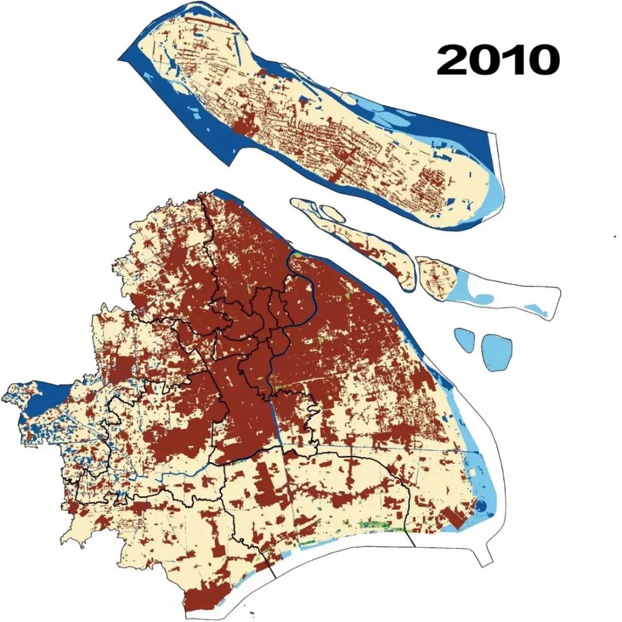 上海近20年城市扩张情况: 2000年城市建成区面积550km05 2010年城市