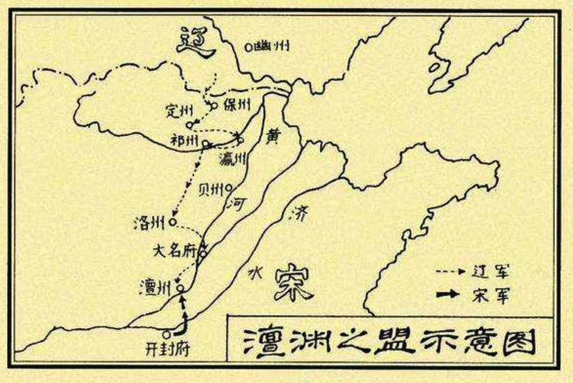 澶渊之盟示意图 景德元年十二月(1005年1月),在主和派的策划下,北宋