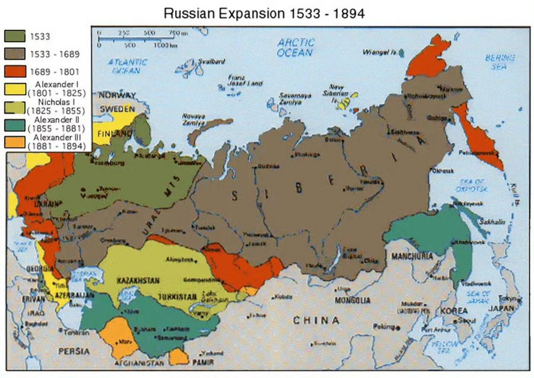 俄罗斯9396疆域历史变迁示意图 从 16 世纪开始,俄罗斯在 150 年