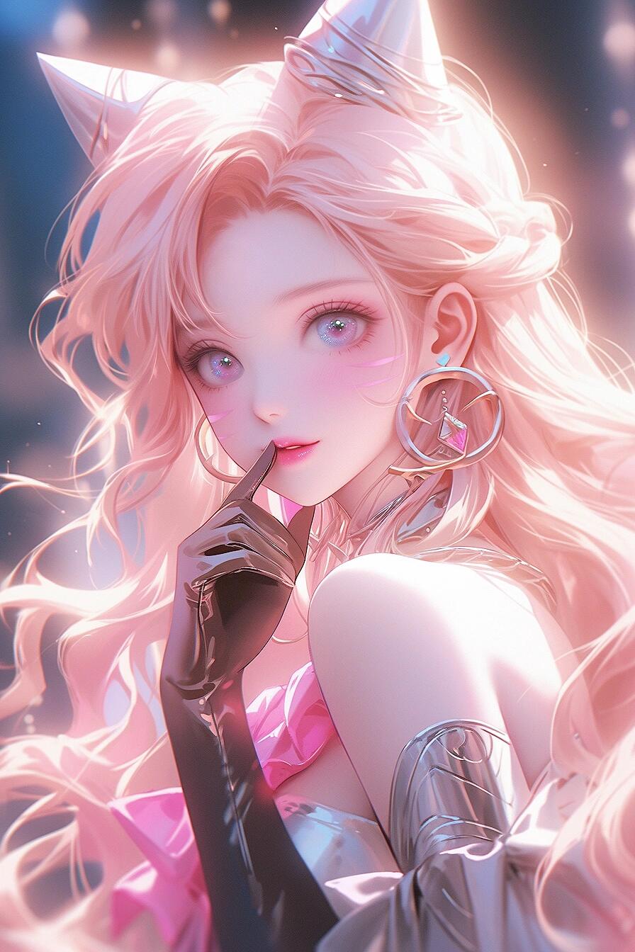 粉色长发如梦幻云霞般飘逸,猫耳俏皮地立在头顶,透着灵动