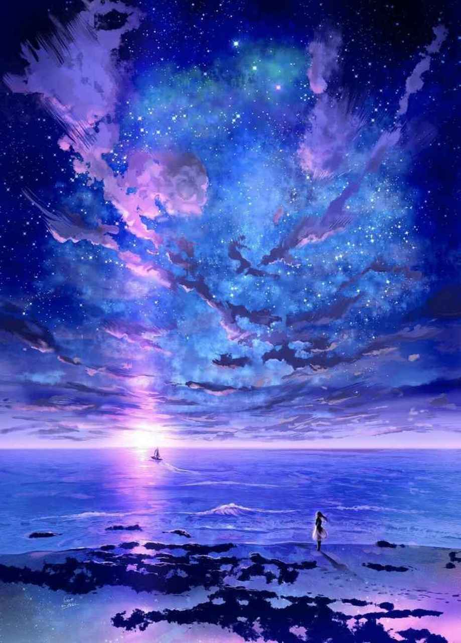 夜晚星空樱花树下