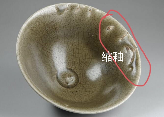 缩釉:瓷器在烧制过程中,由于胎面有油污等多种原因,所施之釉未能腿