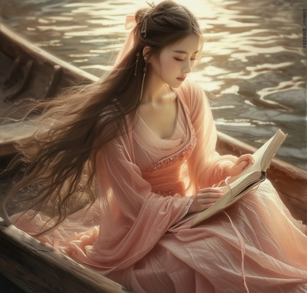 舟上,佳人一袭古韵,独坐轻垂.玉手捧书,秀眉微蹙,沉浸在墨香中.