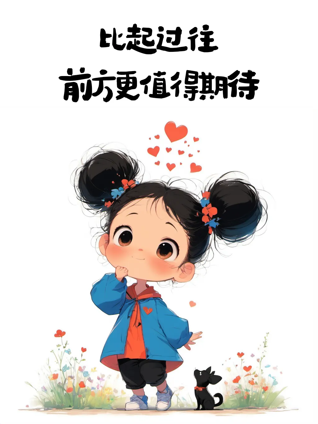 小女孩和她的猫咪朋友,心形图案点缀,预示着对未来的美好憧憬