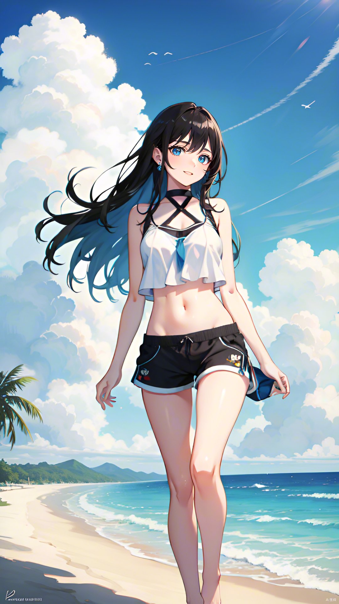 98夏日海滩,动漫女神的梦幻邂逅94  这张动漫风美女站在海边,宛如