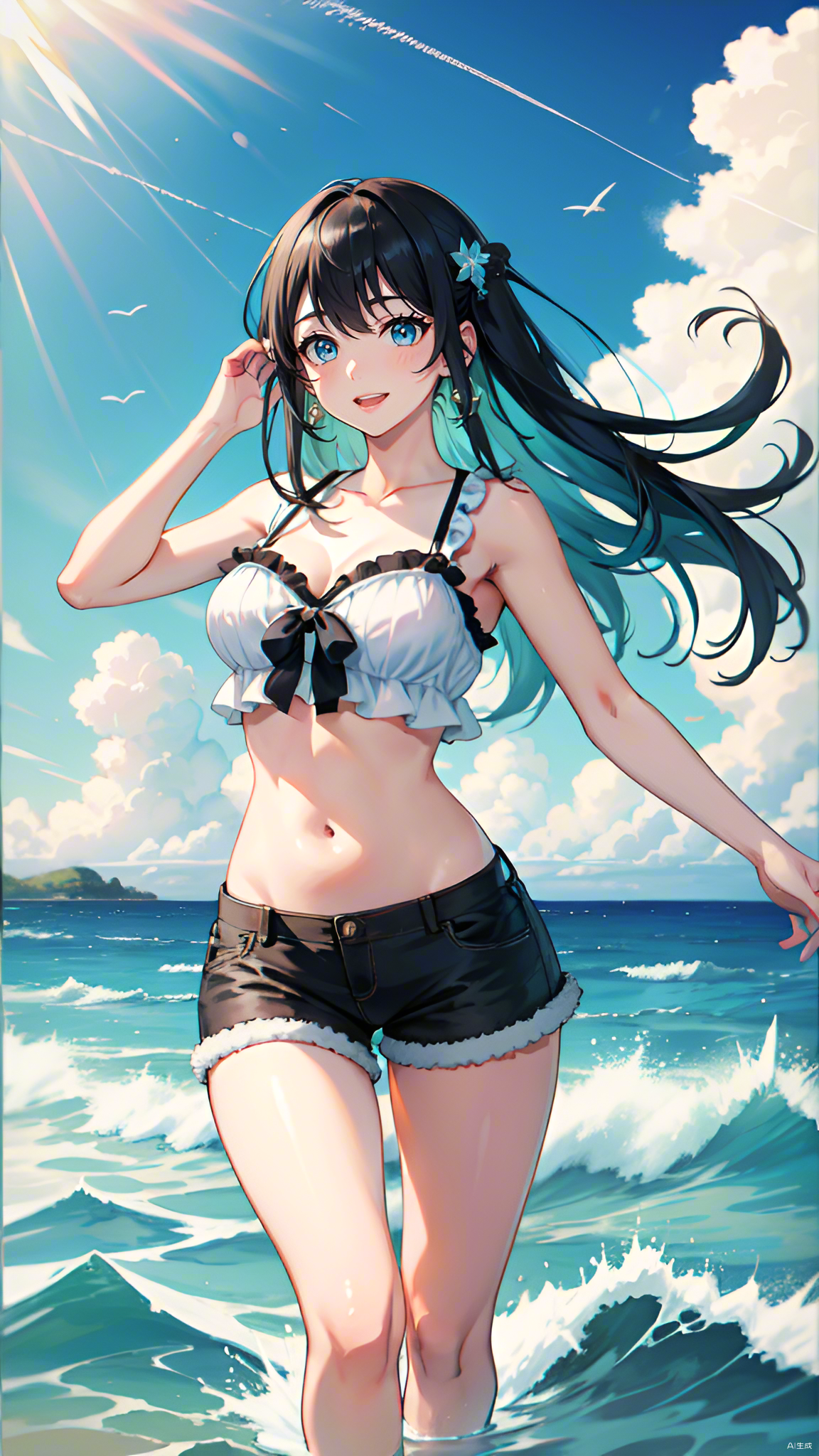 98夏日海滩,动漫女神的梦幻邂逅94  这张动漫风美女站在海边,宛如