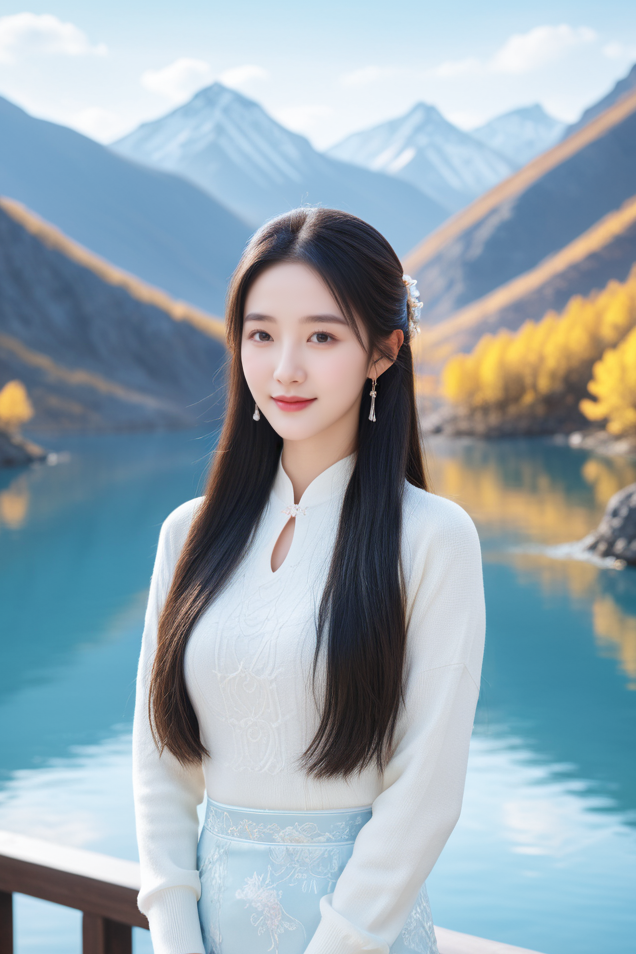 这女子,静立湖边,仿佛与世隔绝,独享这片净土.