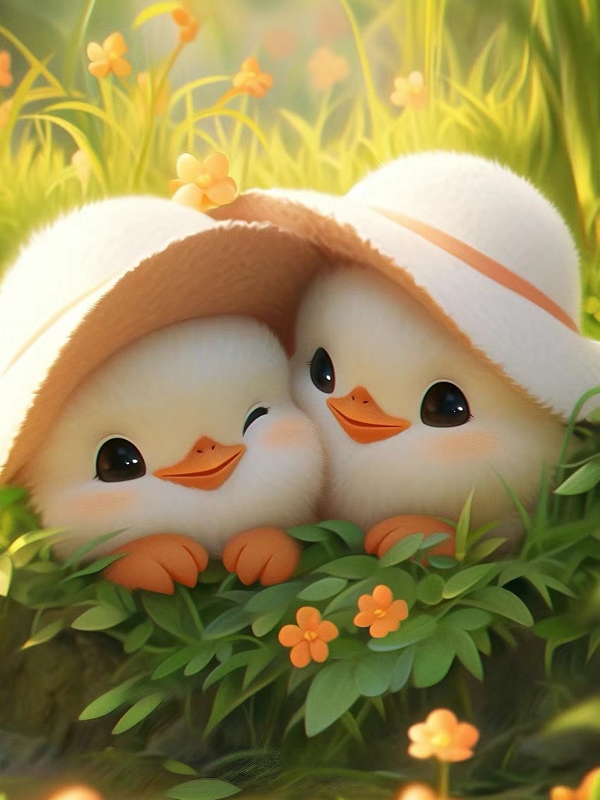 一定要开心呀 两只小黄鸭在草地上悠闲地晒着太阳,头戴棕色小帽,显得