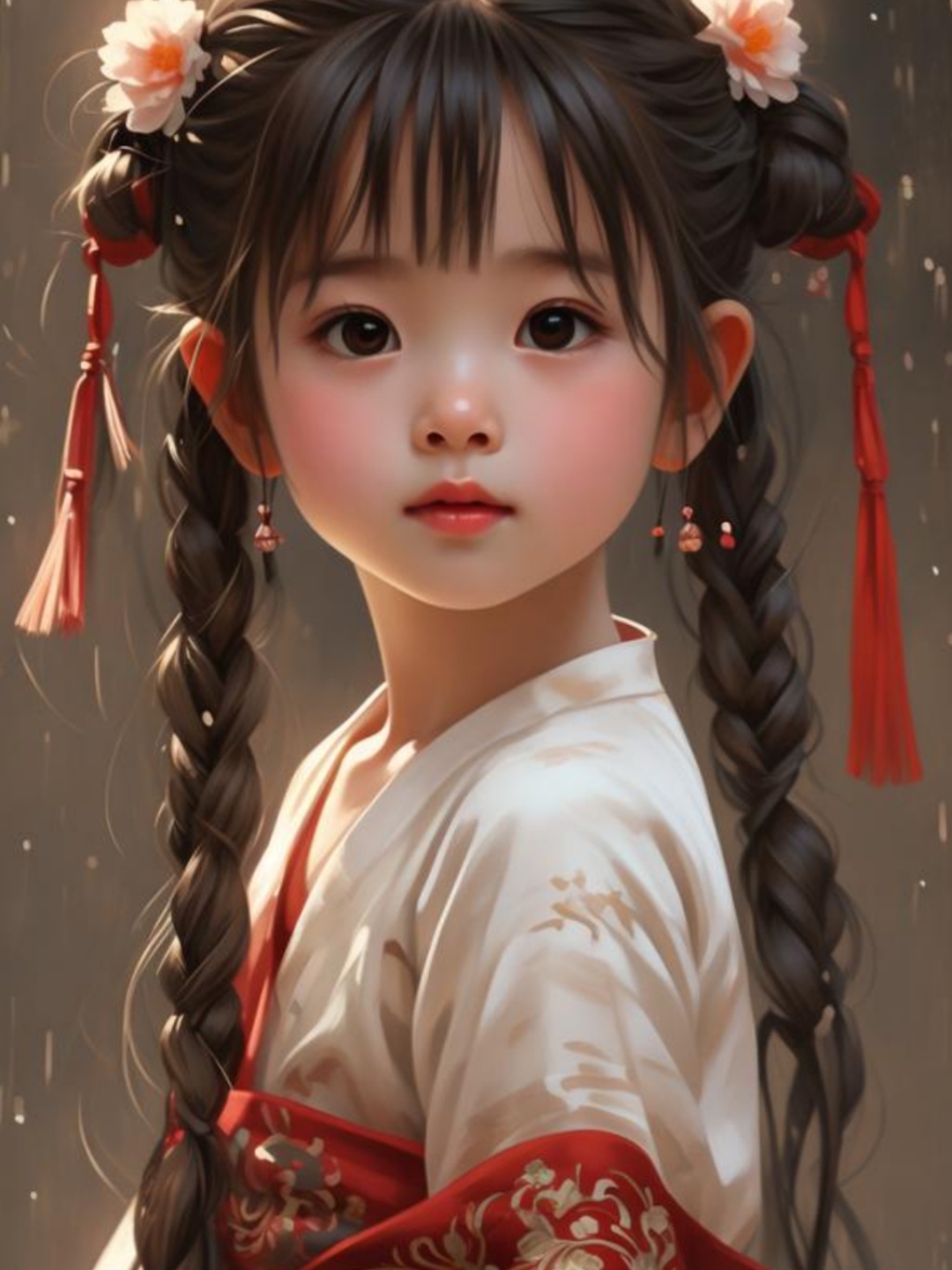 雨中漫步,古风女孩,红衣长辫,清新脱俗