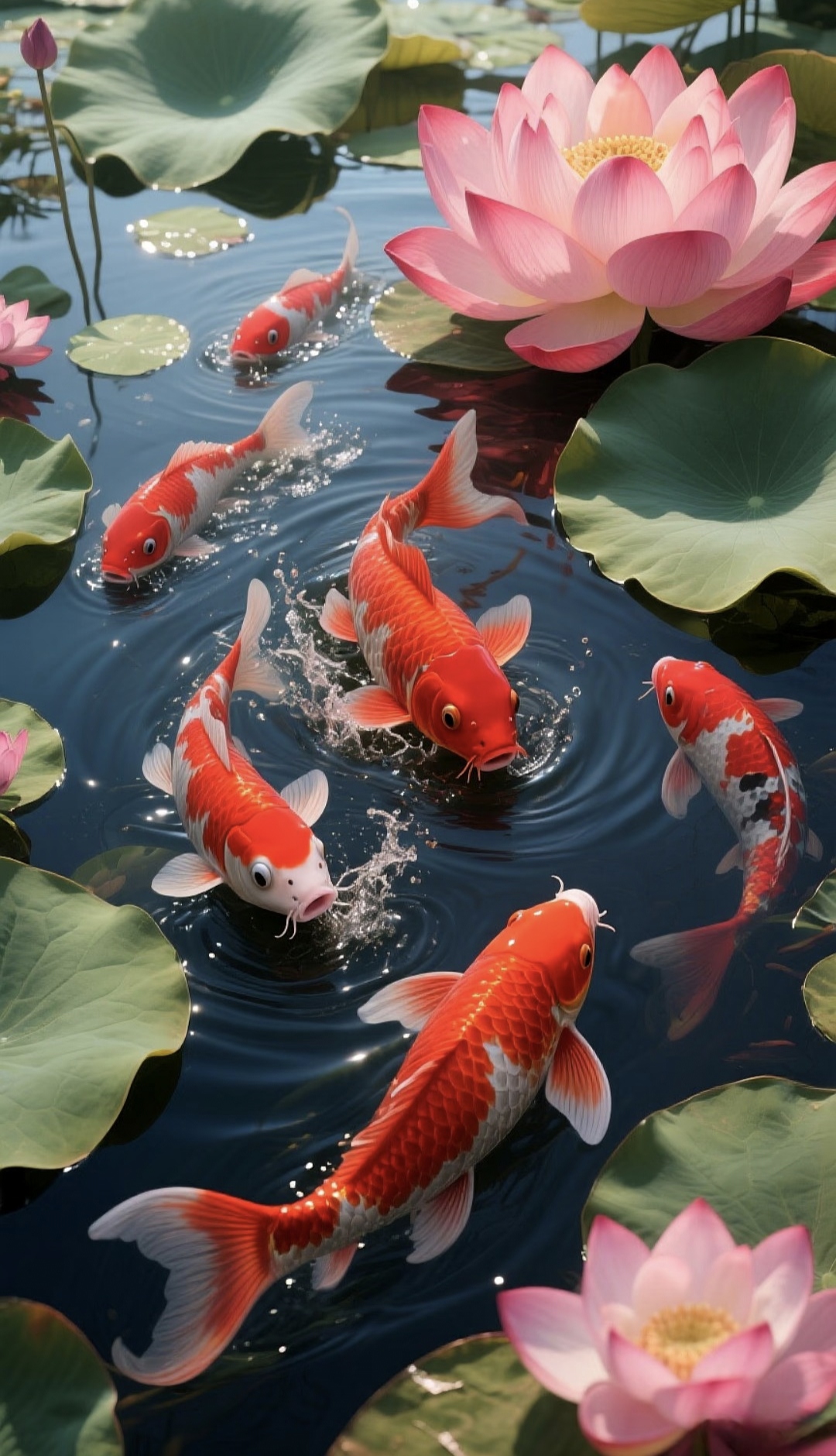 荷塘锦鲤,灵动生趣.粉荷绽露,如绮梦初开;锦鲤游弋,似碎金流转
