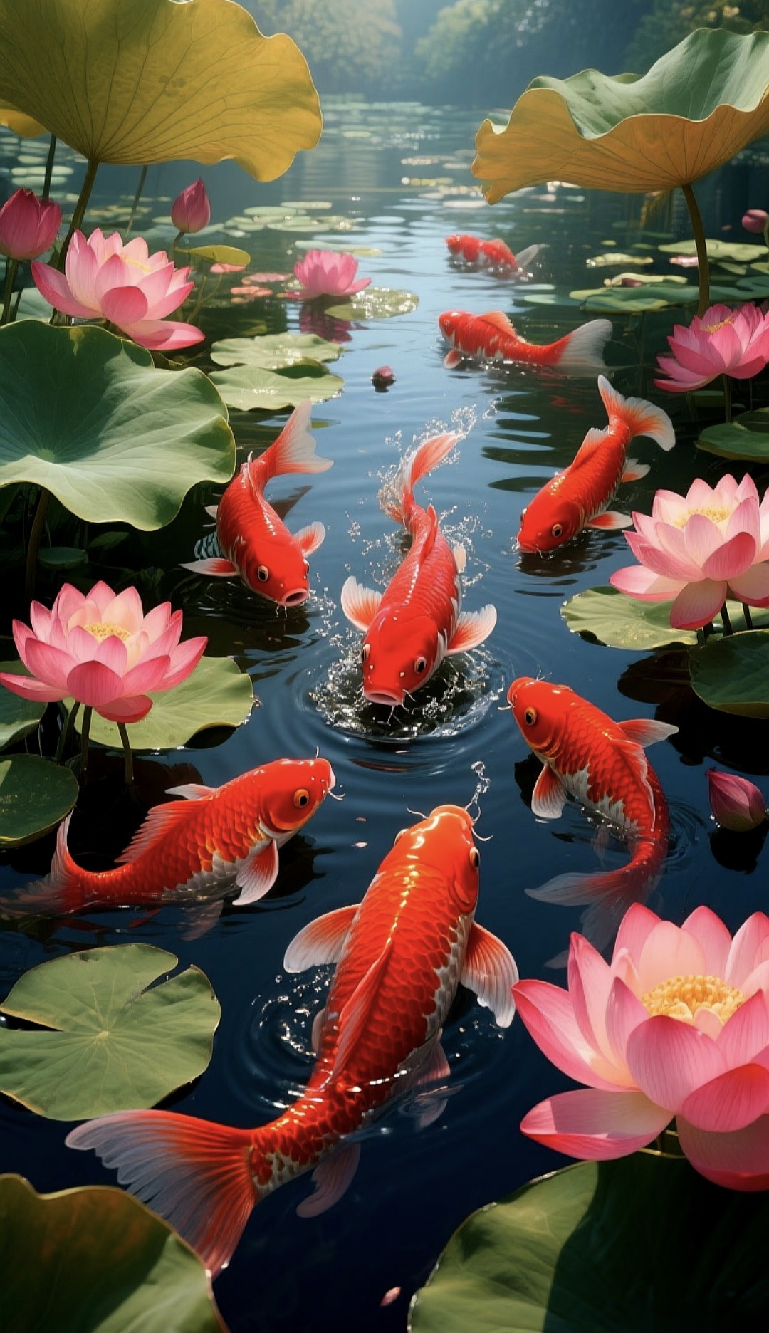 荷塘锦鲤,灵动生趣.粉荷绽露,如绮梦初开;锦鲤游弋,似碎金流转