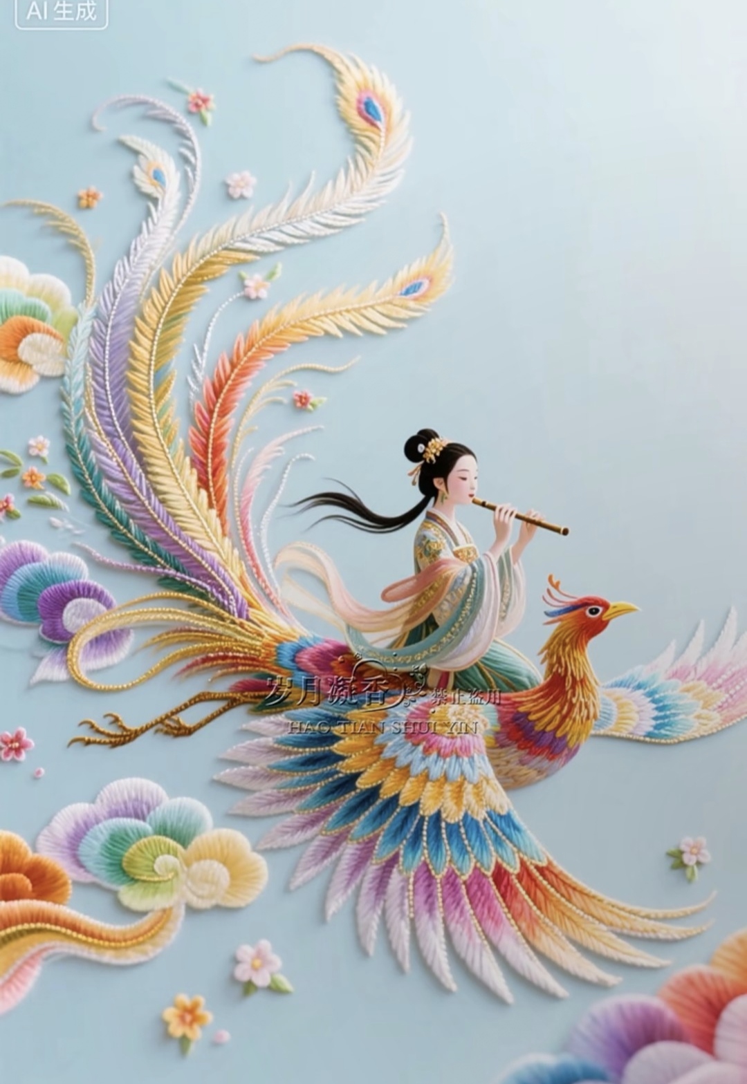 仙袂飘拂,她乘凤凰翱翔天际,玉笛轻启,清音漫过五彩云霭