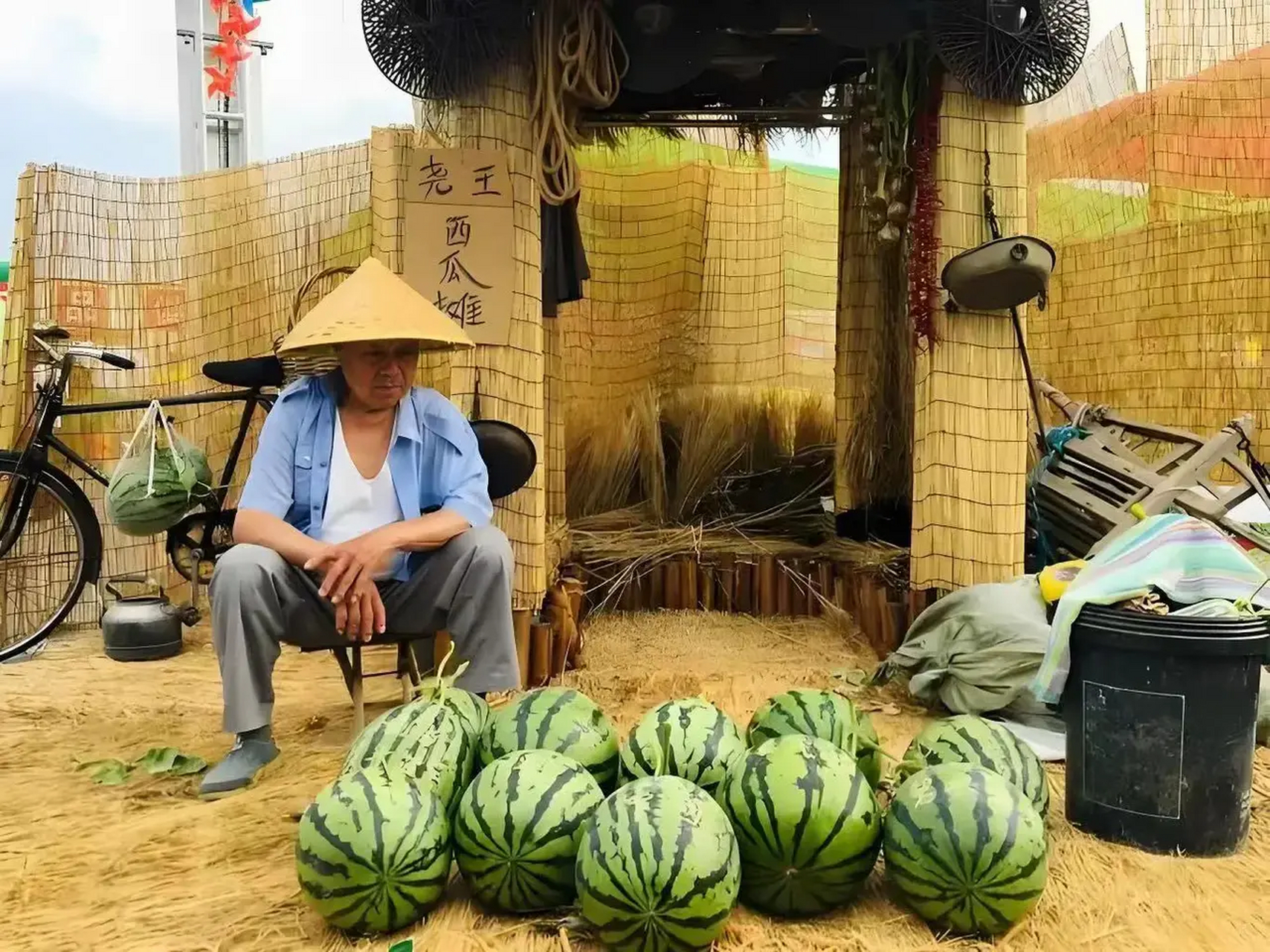"辽宁沈阳,大爷种了几亩西瓜,西瓜丰收却卖不出去,他就在地头搭了凉棚