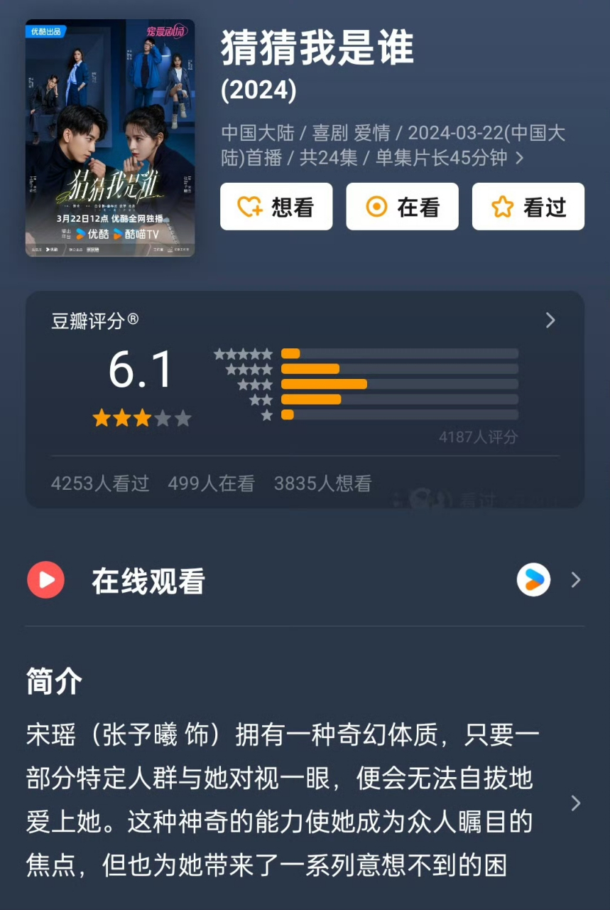 3月份开播的优酷网剧《猜猜我是谁》豆瓣今日开分6.