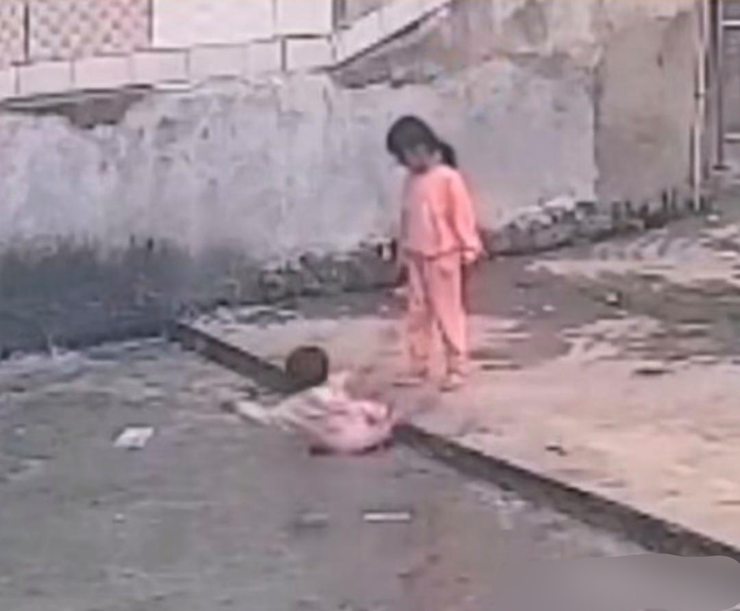 看,一小女孩儿领着弟弟在湖边玩儿,弟弟不慎跌入湖里