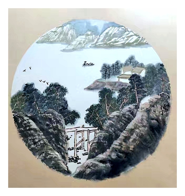 张建军先生山水图 张震(终南山) 草屋临山筑,天桥点水流