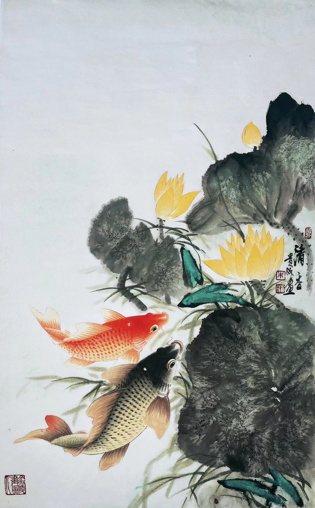 "中国画鲤第一高手"——朱贵成,74×46cm,3平尺,保真带合影视频