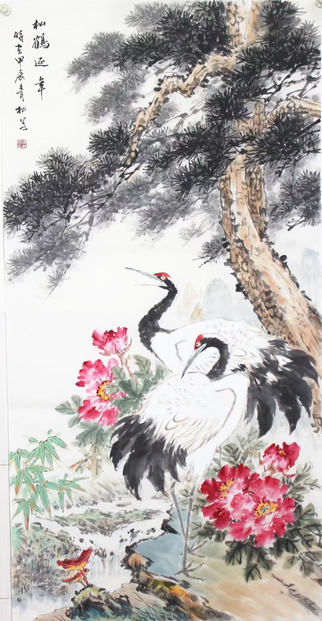 蒲青松  雅俗共赏,四尺全开《松鹤延年》,138x68cm.
