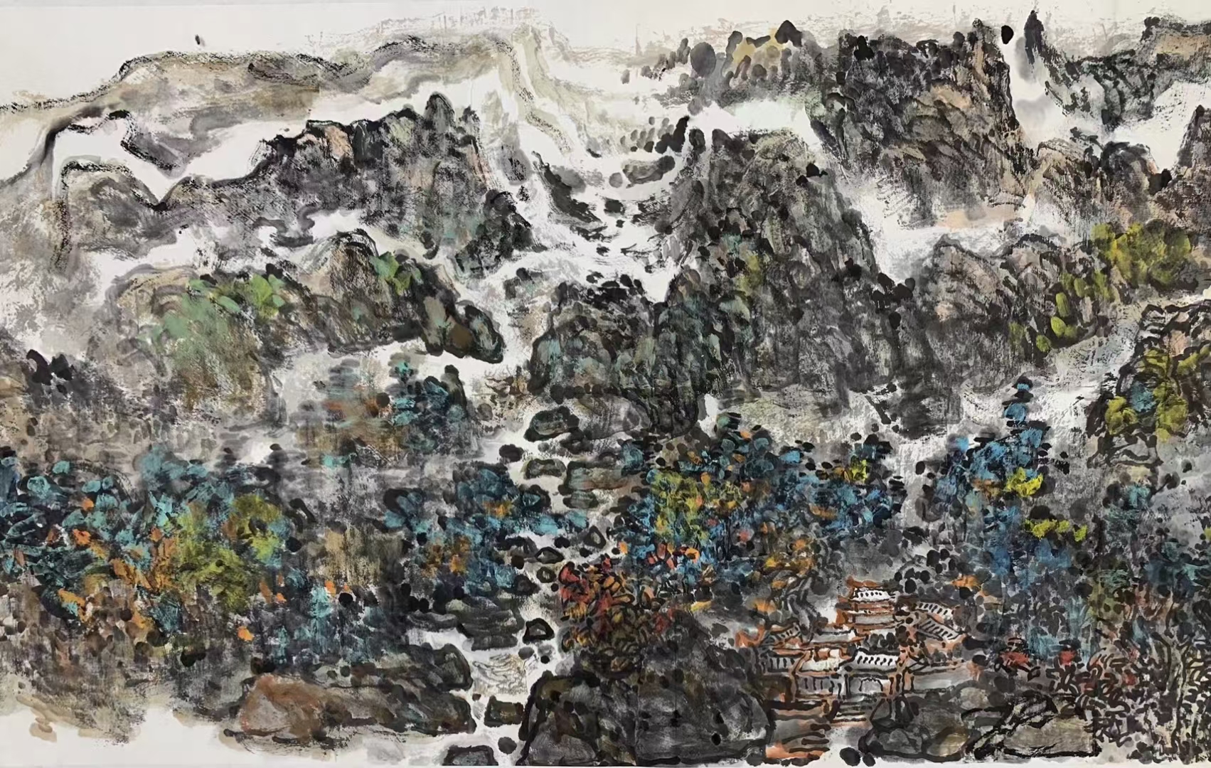 程大利 精品重彩山水展览作品 52x261cm有合影