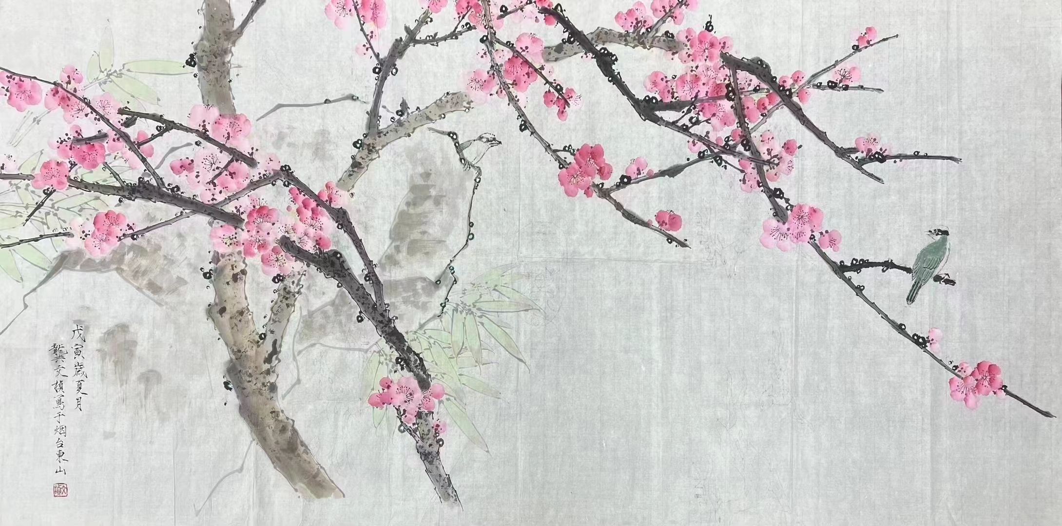 龚文桢:当代工笔花鸟画领军人物,中国国家画院一级画家,(双鸟)136x68