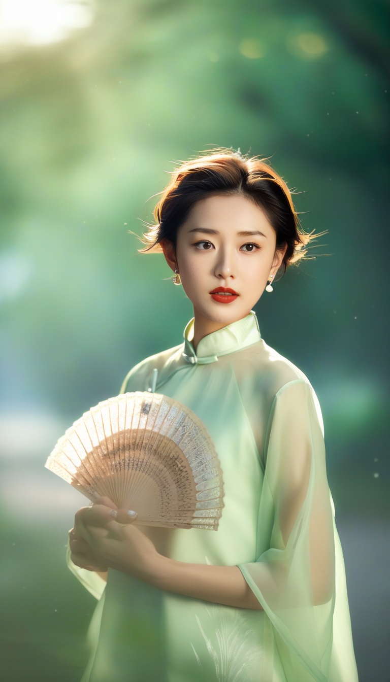 漫步在绿意盎然的园林中,她手持扇子,轻掩笑颜,仿佛古典画中走出的