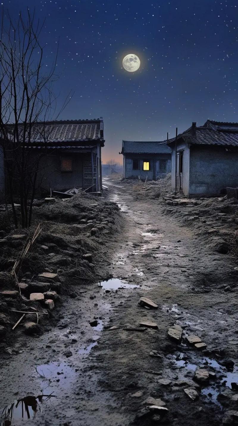 繁星闪烁,明月高悬,宁静中带着些许孤寂,似在诉说着乡村独有的故事与
