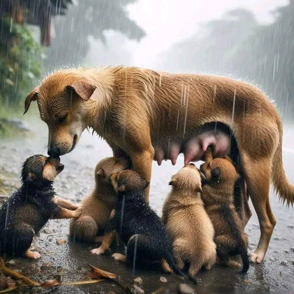 今天看见感人又心酸的一幕,一只流浪的狗妈妈为了养活自己的小宝宝,在