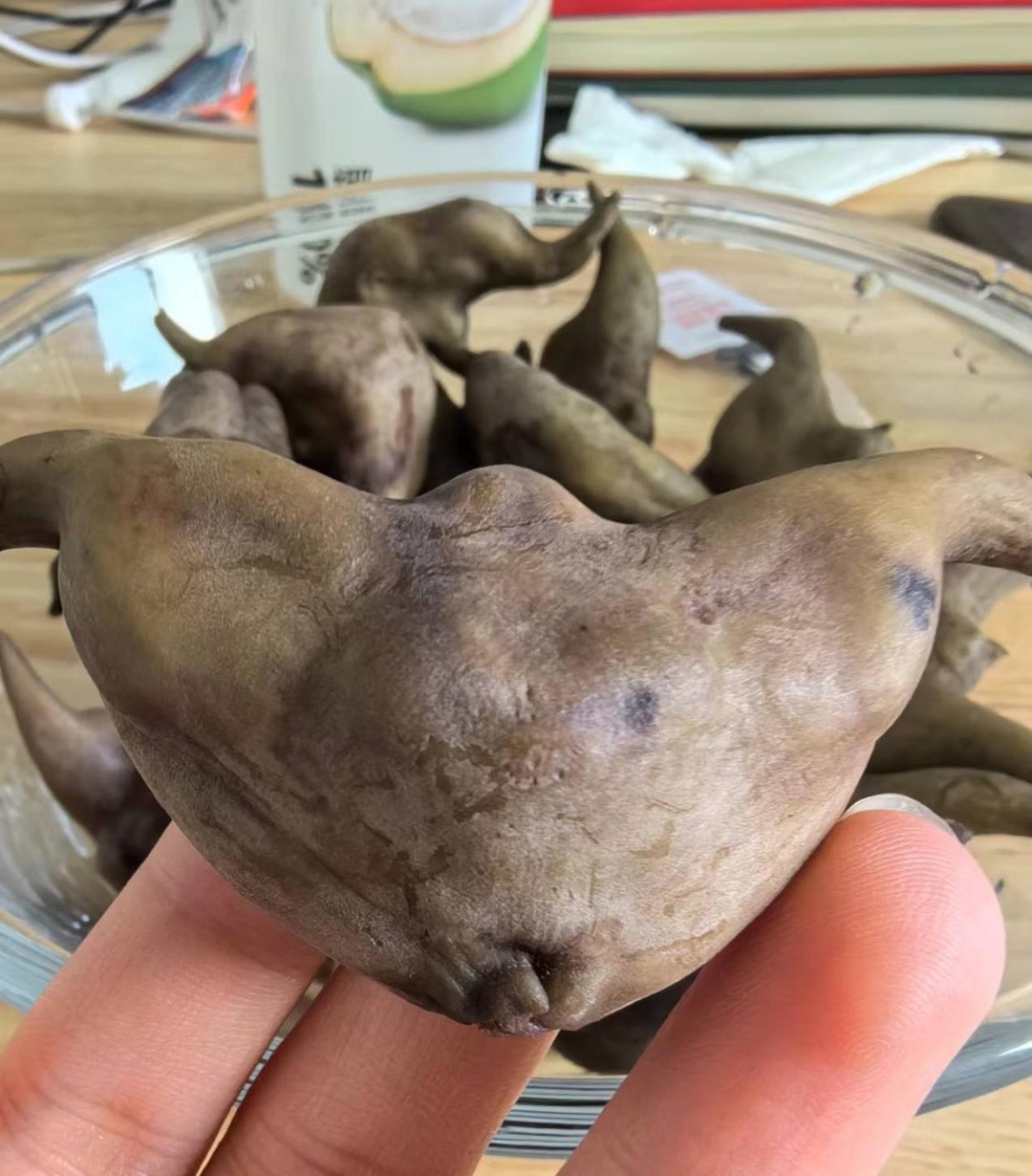 今天下午去朋友家玩的时候,她给拿出来一盘形状怪异的水果.