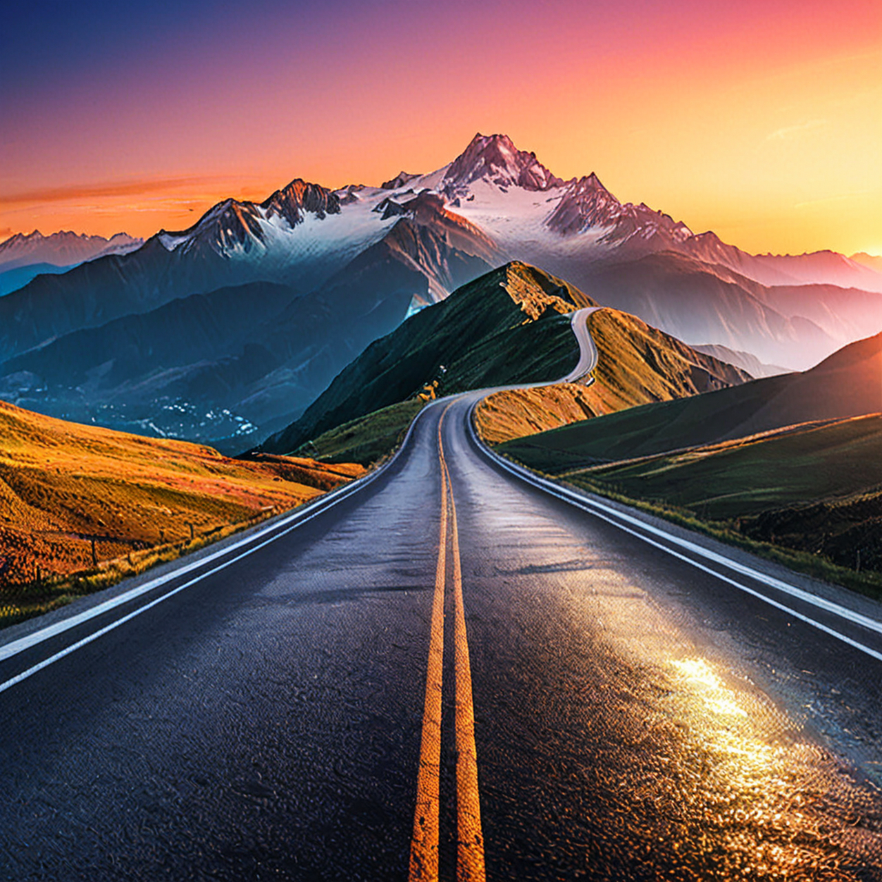 清晨的阳光照亮了这条公路,路旁的山峰和云海在橙色与蓝色的交融中.