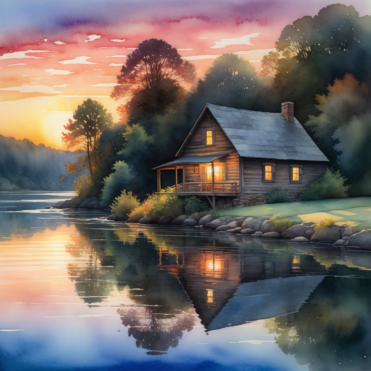 湖泊旁,水彩描绘的细节里,小屋的轮廓与湖面的镜像相映成趣.