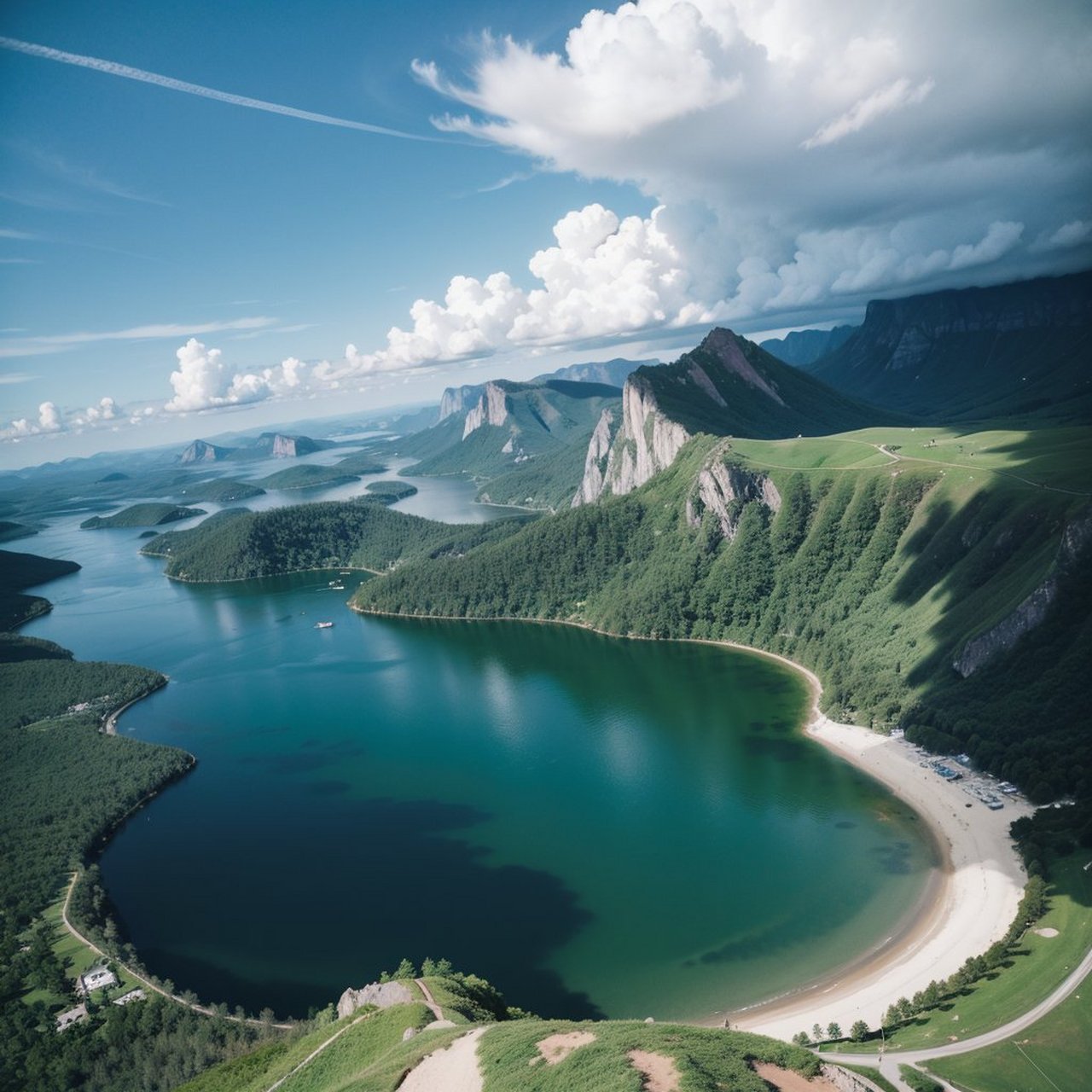 一片平静的湖水,如同一面镜子,映照着周围的青山绿树和天空中的云朵.