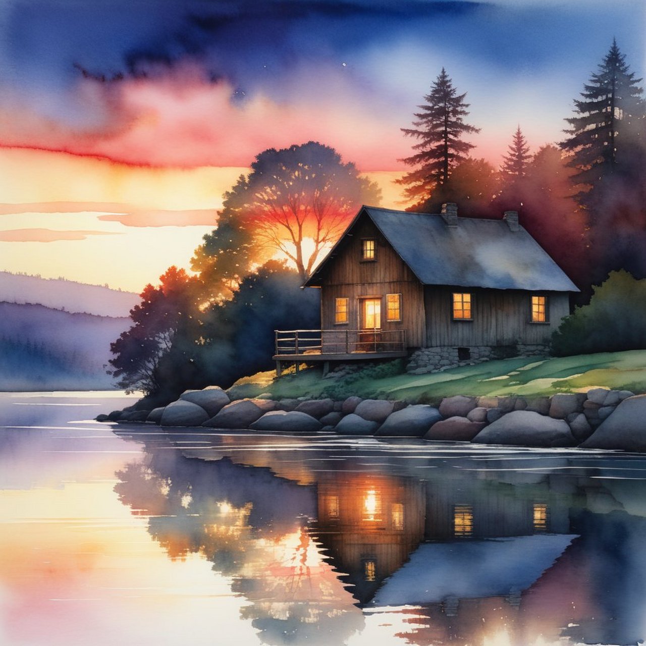 湖泊旁,水彩描绘的细节里,小屋的轮廓与湖面的镜像相映成趣.