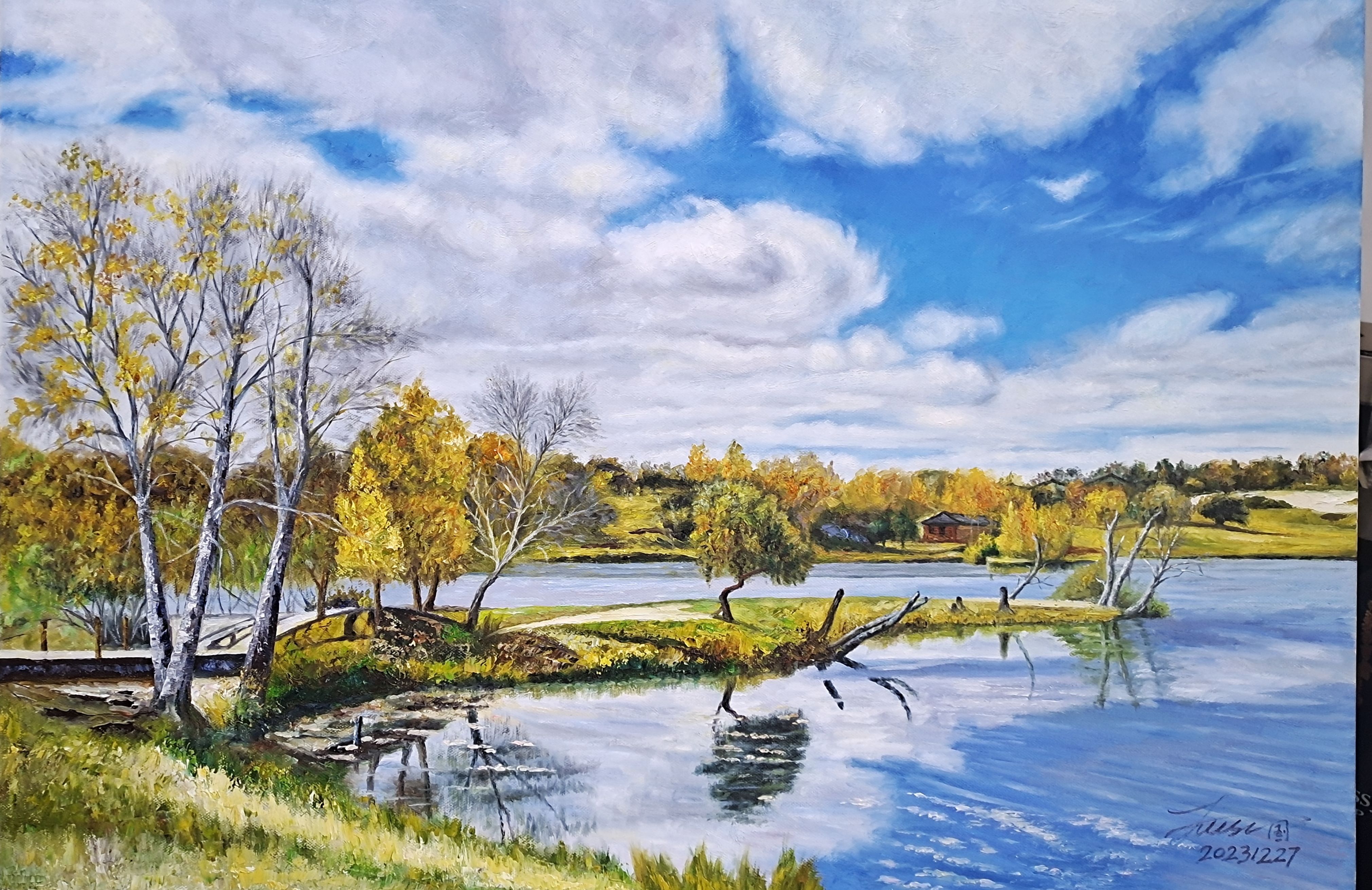 油画《深秋河畔》