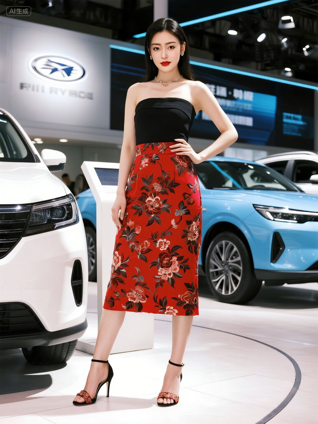 张天爱, 今天车展的模特真有范儿,她站在豪车前自信满满,红裙与豪车相