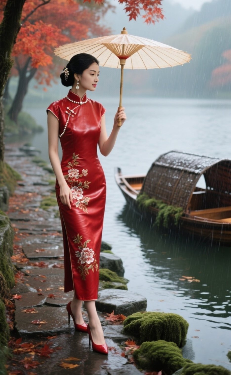 雨中漫步,红衣佳人,古典韵味,撑伞如画