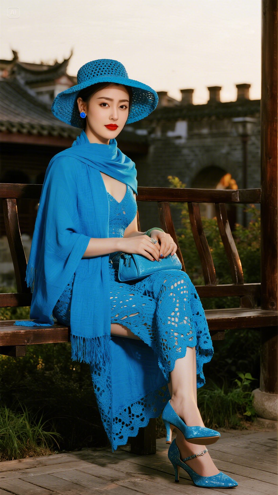 蓝衣小姐姐坐在木凳上,手里拿着小包包,阳光洒在脸上,真是美翻了!
