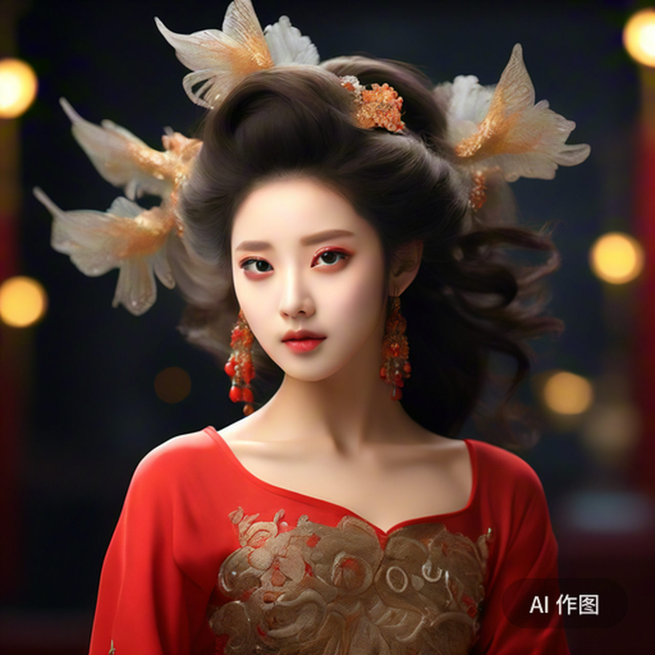 云鬓轻梳飞凤髻,樱唇微启吐珠玑. 金环闪烁添娇媚,白巾飘逸衬玉肌.