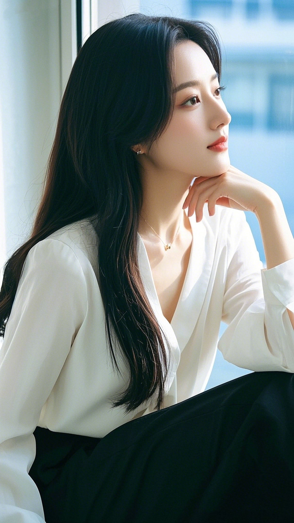 美女手机壁纸:知性优雅 当她托腮凝望窗外 衬衫飘带垂落成诗行,睫毛在