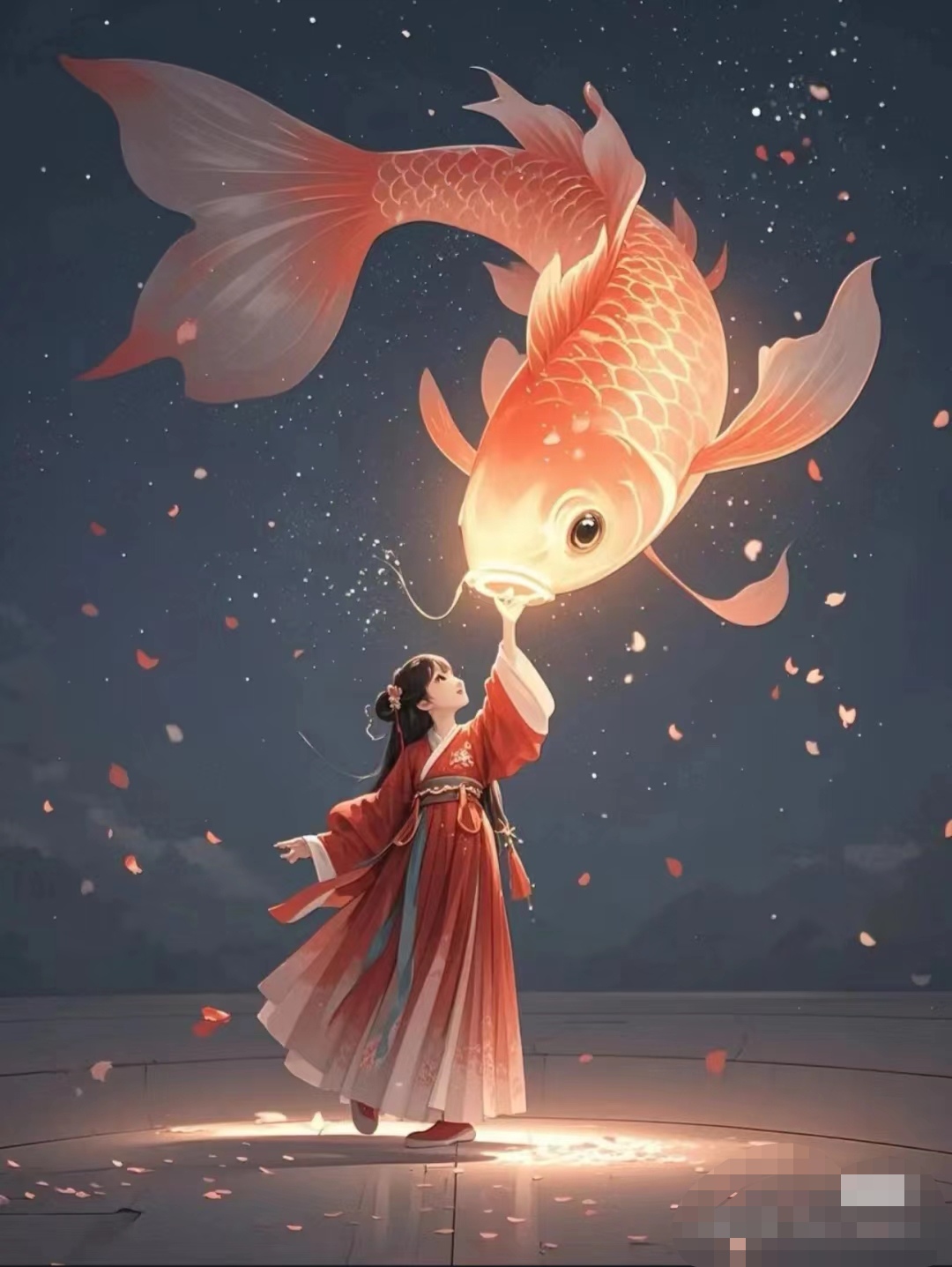 锦鲤闪耀,似携好运而来,花瓣纷飞更添浪漫