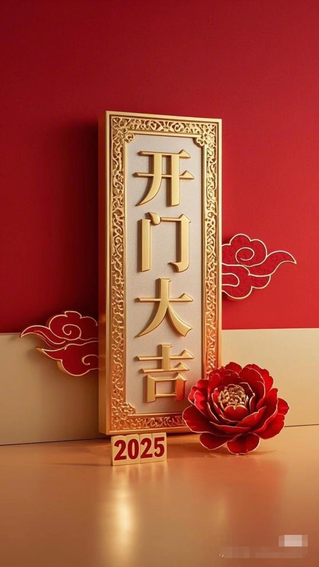 画面中精致的开门大吉牌匾闪耀旁边绽放的红花寓意美好