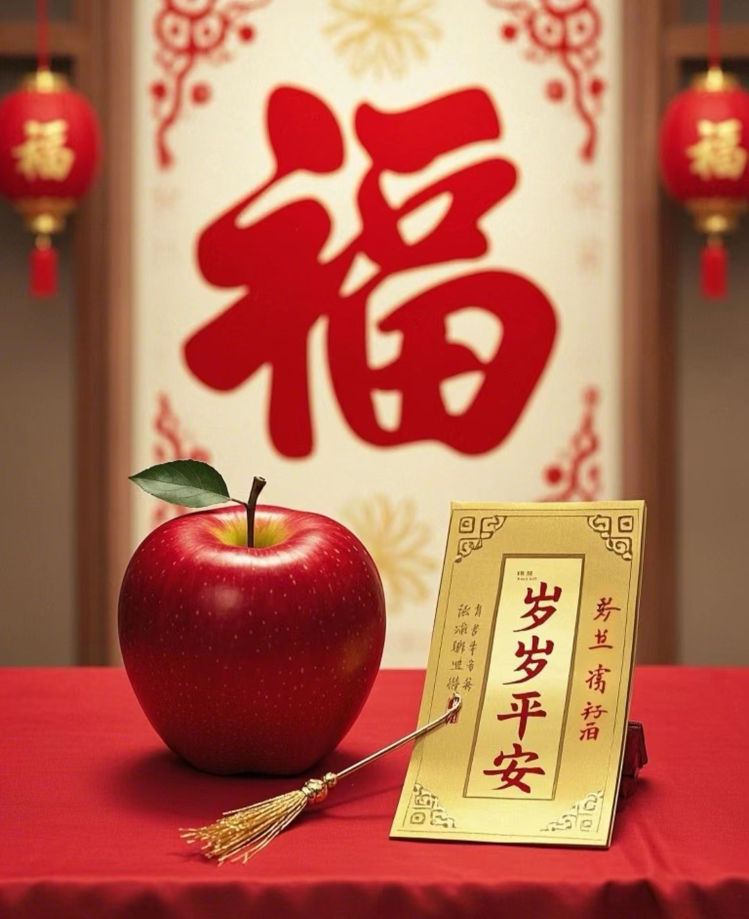 红苹果圆润饱满,象征平安喜乐;"岁岁平安"金笺,满含真挚祝福