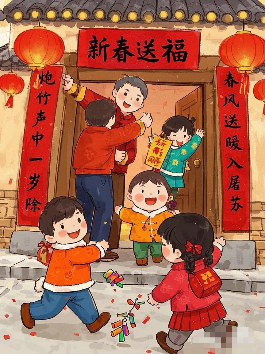 新春佳节,古宅门前,红灯笼高挂,春联洋溢着喜庆