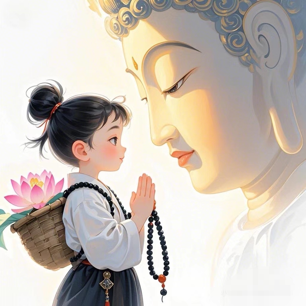 她双手合十,虔诚地望向佛面,颈间佛珠醒目