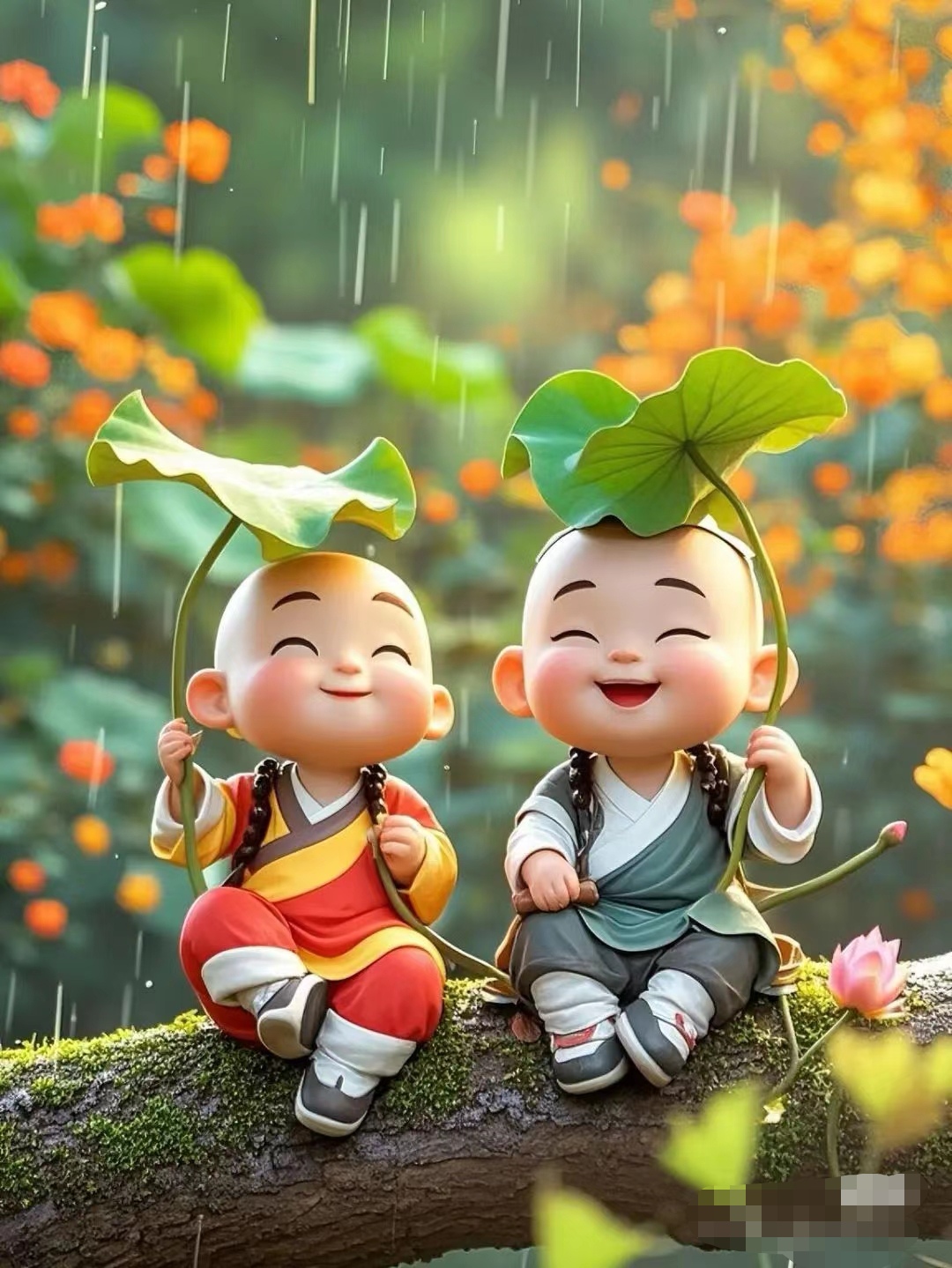 两个憨态可掬的小和尚玩偶,身着素衣,手持荷叶,笑靥如花,宛如尘世中的